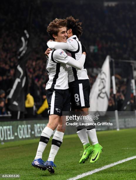 Julien De Sart of Derby County celebrates scoring the first goal with Ikechi Anya during the Sky Bet Championship match between Derby County and...