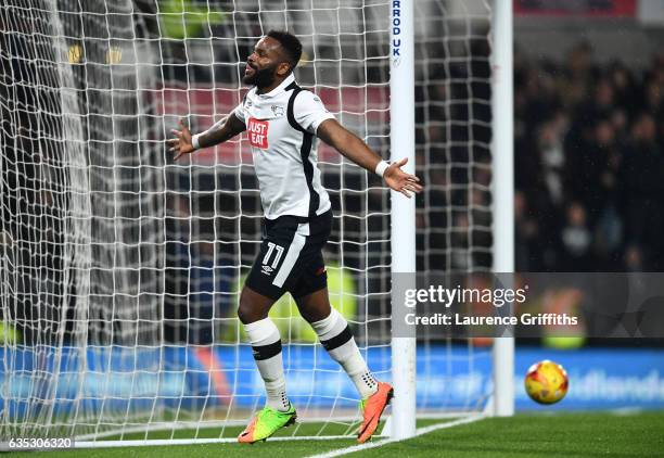 Darren Bent of Derby County celebrates scoring the second goal during the Sky Bet Championship match between Derby County and Cardiff City at iPro...