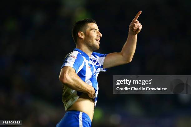 Tomer Hemed of Brighton & Hove Albion celebrates after scoring his side's first goal from the penalty spot during the Sky Bet Championship match...