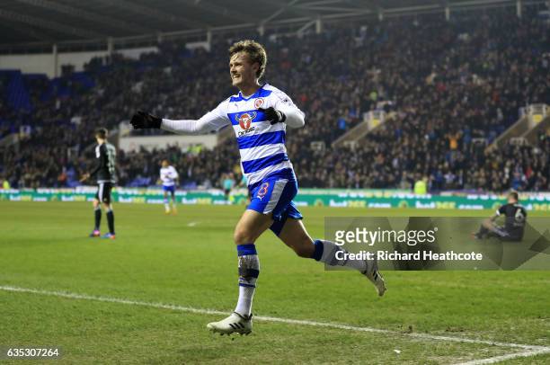 John Swift of Reading celebrates scoring the first goal during the Sky Bet Championship match between Reading and Brentford at Madejski Stadium on...