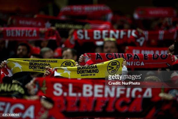 Benfica and Borussia Dortmund fans waving their charts during the Champions League football match between SL Benfica and Borussia Dortmund at Luz...