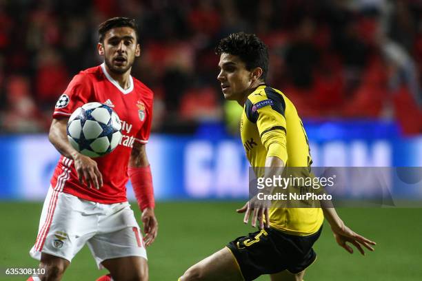 Benfica's Argentinian midfielder Eduardo Salvio vies with Dortmund's defender Bartra during the Champions League football match between SL Benfica...