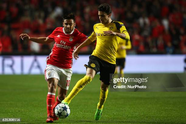 Benfica's Argentinian midfielder Eduardo Salvio vies with Dortmund's defender Bartra during the Champions League football match between SL Benfica...