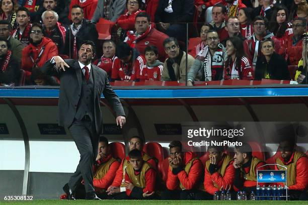 Benfica's head coach Rui Vitoria gestures from the sideline during the Champions League football match between SL Benfica and Borussia Dortmund at...