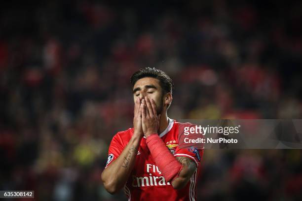 Benfica's Argentinian midfielder Eduardo Salvio reacts during the Champions League football match between SL Benfica and Borussia Dortmund at Luz...