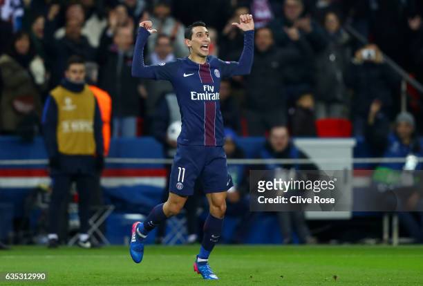 Angel Di Maria of Paris Saint-Germain celebrates after scoring his team's third goal during the UEFA Champions League Round of 16 first leg match...