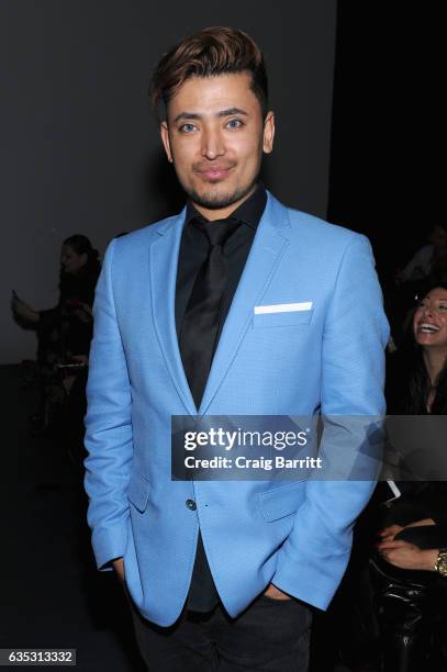 Global Luxury Ambassador Pritan Ambroase poses backstage at the John Paul Ataker Fall Winter 2017 Runway Show at Pier 59 on February 14, 2017 in New...