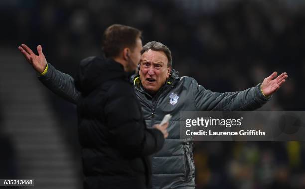 Neil Warnock of Cardiff City ardues with the Fourth Official during the Sky Bet Championship match between Derby County and Cardiff City at iPro...