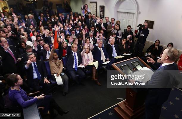 White House Press Secretary Sean Spicer takes questions from members of the White House press corps during a daily press briefing at the James Brady...