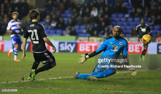 Lasse Vibe of Brentford scores their second goal during the Sky Bet Championship match between Reading and Brentford at Madejski Stadium on February...