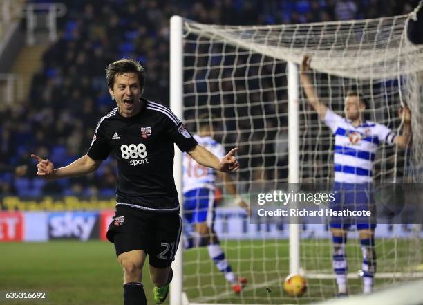 Lasse Vibe of Brentford celebrates scoring their second goal during the Sky Bet Championship match between Reading and Brentford at Madejski Stadium...