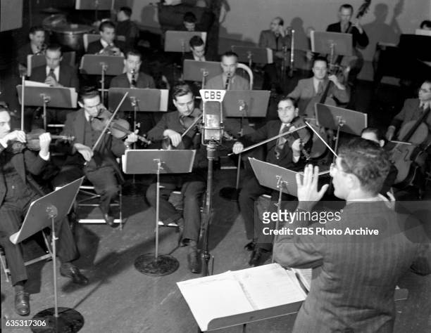 Bernard Herrmann, conductor with the Columbia Studio Orchestra, in Liederkranz Hall Building. New York, NY. Image dated October 1, 1938.