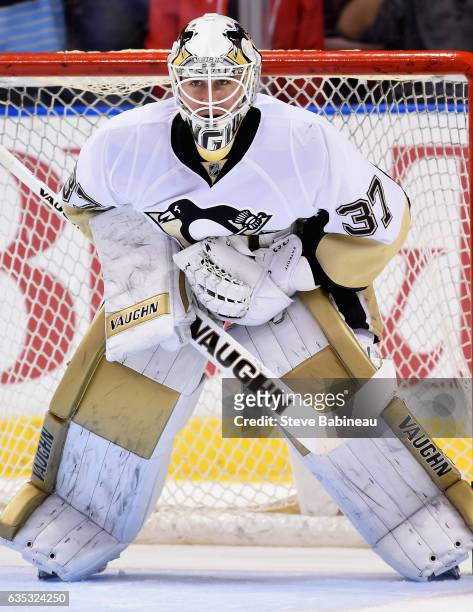 Goaltender Jeff Zatkoff of the Pittsburgh Penguins warms up before the game against the Florida Panthers at BB&T Center on February 15, 2016 in...