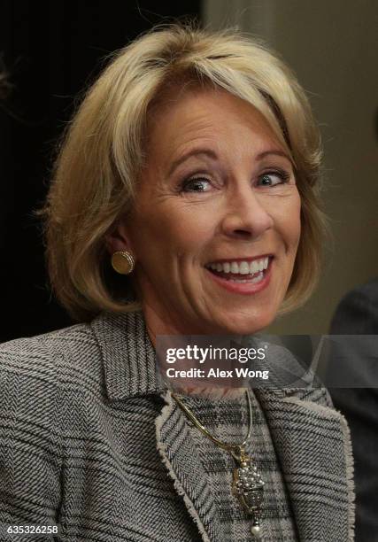 Secretary of Education Betsy DeVos speaks during a parent-teacher conference at the Roosevelt Room of the White House February 14, 2017 in...