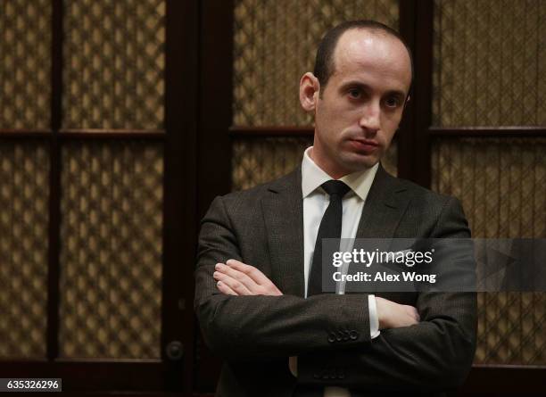 White House senior policy adviser Stephen Miller waits for the beginning of a parent-teacher conference listening session at the Roosevelt Room of...