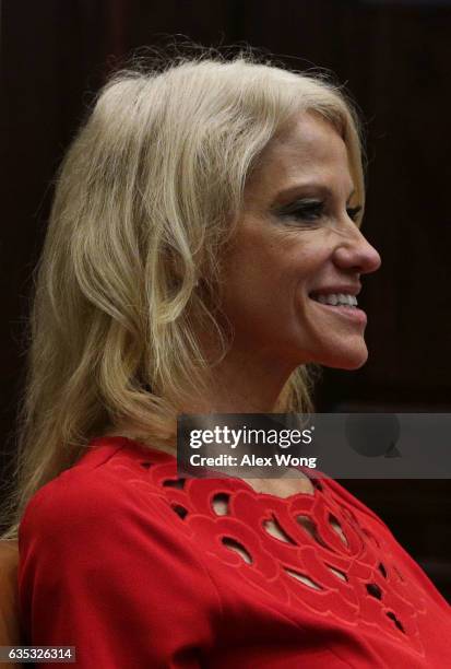 White House Counselor Kellyanne Conway attends a parent-teacher conference listening session at the Roosevelt Room of the White House February 14,...