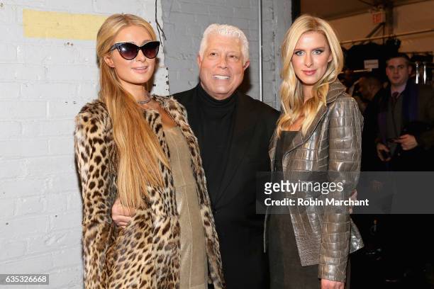 Paris Hilton, designer Dennis Basso and Nicky Hilton Rothschild pose backstage for the Dennis Basso collection during, New York Fashion Week: The...