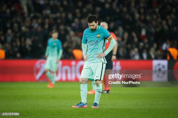 Delusion of Barcelona player Lionel Messi during the UEFA Champions League round of 16 first leg football match between Paris Saint-Germain and FC...