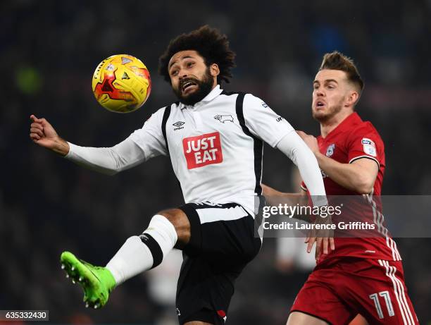 Ikechi Anya of Derby County battles with Craig Noone of Cardiff City during the Sky Bet Championship match between Derby County and Cardiff City at...