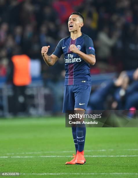 Marquinhos of Paris Saint-Germain reacts during the UEFA Champions League round of 16 match between Paris Saint-Germain and FC Barcelona at Parc des...