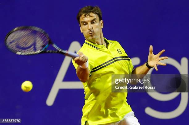 Tommy Robredo of Spain takes a forehand shot during a first round match between Tommy Robredo of Spain and Fabio Fognini of Italy as part of ATP...