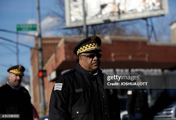 Chicago Police Superintendent Eddie Johnson arrives at the scene of a triple shooting in the North Lawndale neighborhood to address the media on...