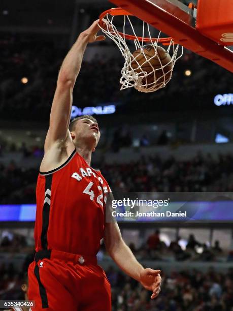 Jakob Poeltl of the Toronto Raptors dunks against the Chicago Bulls at the United Center on February 14, 2017 in Chicago, Illinois. NOTE TO USER:...