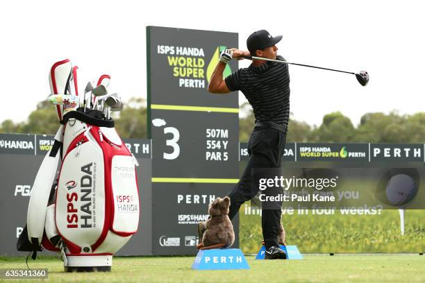Thorbjorn Olesen of Denmark watches his tee shot on the 3rd hole during previews ahead of the ISPS HANDA World Super 6 Perth at Lake Karrinyup...