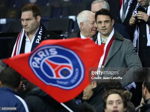 Ali Williams and Dan Carter attend the UEFA Champions League Round of 16 first leg match between Paris Saint-Germain and FC Barcelona at Parc des...