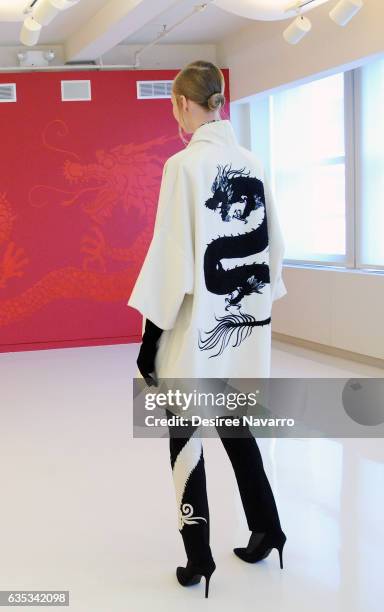 Model poses during the Josie Natori Presentation February 2017 New York Fashion Week at Natori Showroom on February 14, 2017 in New York City.