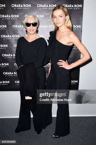 Model Valentina Zelyaeva and designer Chiara Boni pose backstage for the Chiara Boni La Petite Robe collection during, New York Fashion Week: The...