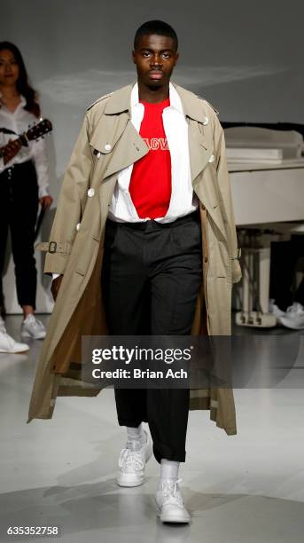 Model walks the runway at the Pyer Moss fashion show during New York Fashion Week on February 14, 2017 in New York City.