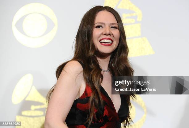 Joy Huerta of Jesse & Joy poses in the press room at the 59th GRAMMY Awards at Staples Center on February 12, 2017 in Los Angeles, California.