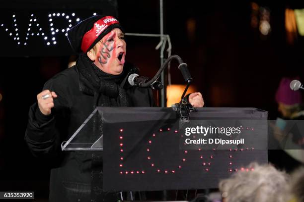 Eve Ensler speaks onstage during Artistic Uprising - A Call For #RevolutionaryLove at Washington Square Park on February 14, 2017 in New York City.