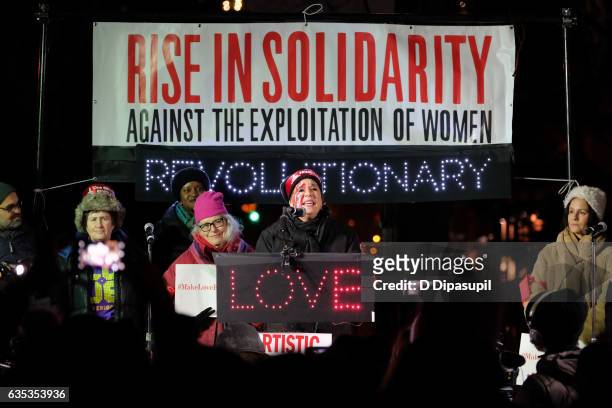 Eve Ensler speaks onstage during Artistic Uprising - A Call For #RevolutionaryLove at Washington Square Park on February 14, 2017 in New York City.