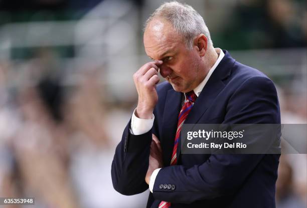 Head coach Thad Matta of the Ohio State Buckeyes looks on during the game against the Michigan State Spartans in the second half at the Breslin...