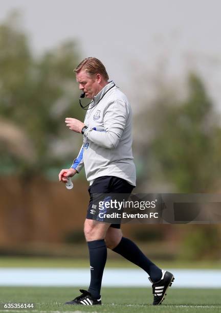 Ronald Koeman, Manager of Everton looks on during the Everton FC training session at Nad Al Sheba Sports Complex on February 14, 2017 in Dubai,...