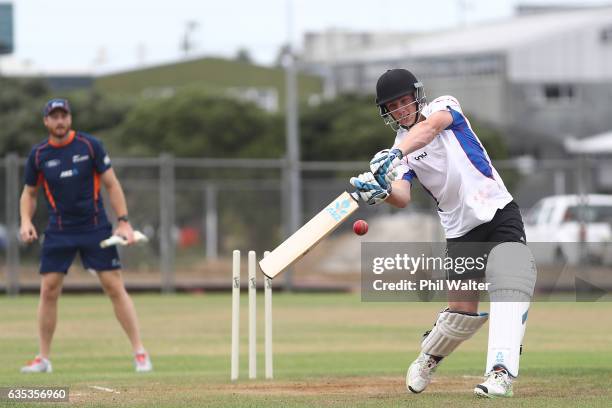 Dan Winter of Rosmini College hits out with the ultimate family cricket set up as Martin Guptill, Tim Southee, Colin Munro and Mitch Santner of the...