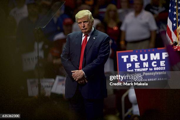 Republican Presidential nominee Donald J. Trump holds a rally at Giant Center November 4, 2016 in Hershey, Pennsylvania. Polls have narrowed in the...