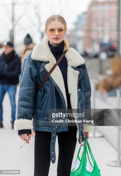 Model Frederikke Sofie outside Tory Burch on February 14, 2017 in New York City.