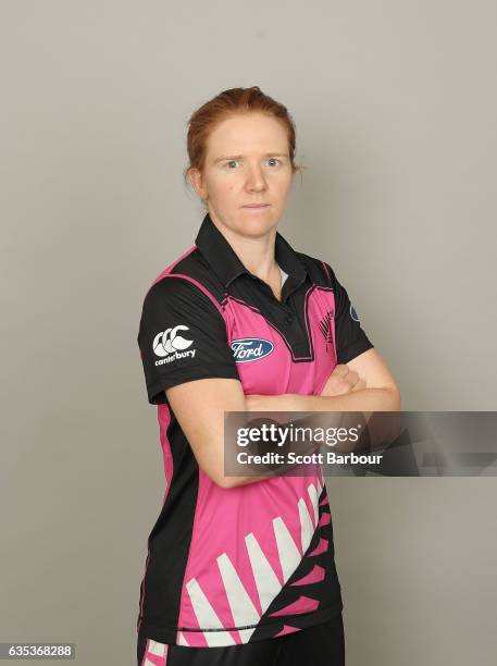 Katie Perkins poses during a New Zealand Women's T20 headshots session at the Langham Hotel on February 15, 2017 in Melbourne, Australia.