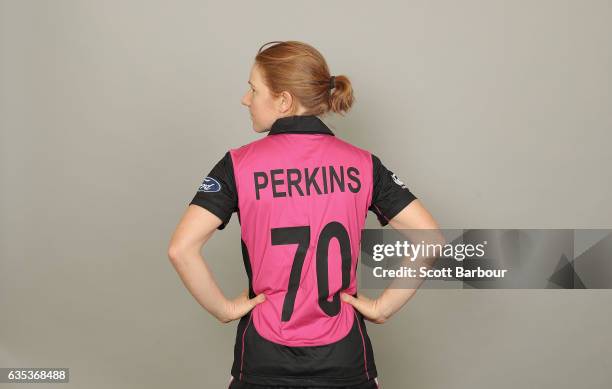 Katie Perkins poses during a New Zealand Women's T20 headshots session at the Langham Hotel on February 15, 2017 in Melbourne, Australia.