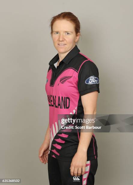 Katie Perkins poses during a New Zealand Women's T20 headshots session at the Langham Hotel on February 15, 2017 in Melbourne, Australia.