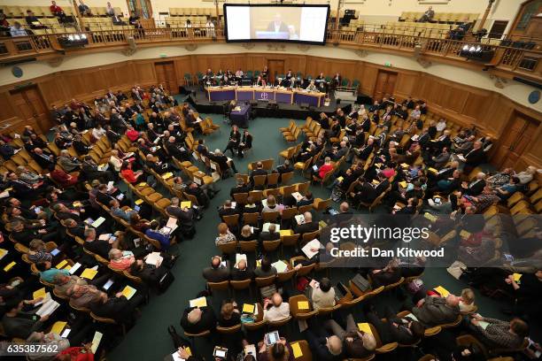 Members of the church listen to speakers at the General Synod in Assembly Hall on February 15, 2017 in London, England. Members of the Church of...