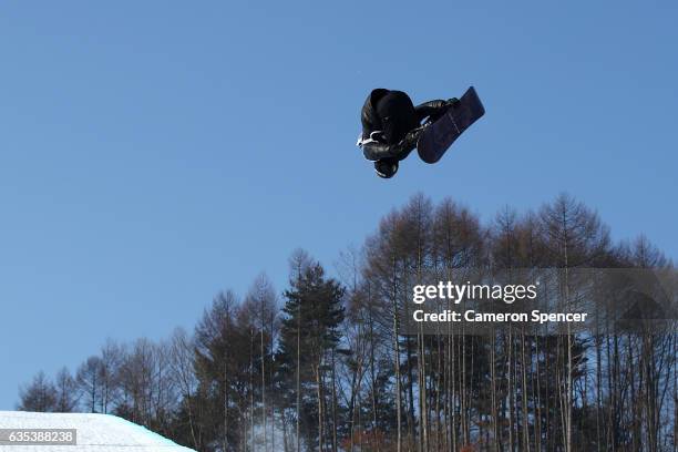 Shaun White of USA rides during a training session for the FIS Freestyle World Cup 2016/17 Snowboard Halfpipe at Bokwang Snow Park on February 15,...