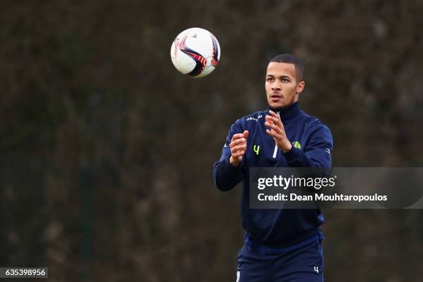 William Troost-Ekong of K.A.A. Gent in action during the KAA Gent Training Session held at the Oefencomplex Training Complex on February 15, 2017 in...