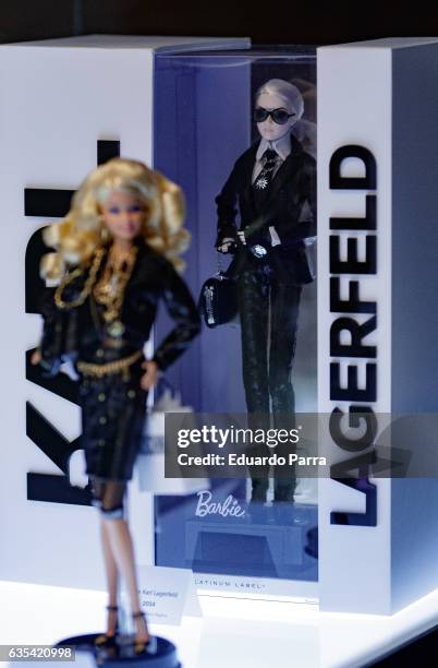 Karl Lagerfeld barbie doll is seen on display at the exhibition 'Barbie, mas alla de la muñeca' at Fundacion Canal on February 15, 2017 in Madrid,...