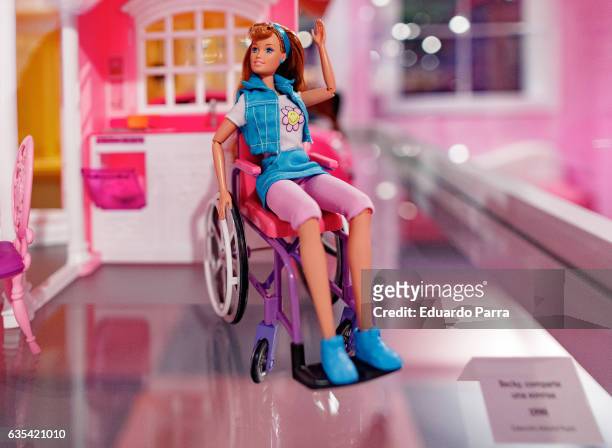 Becky' barbie doll is seen on display at the exhibition 'Barbie, mas alla de la muñeca' at Fundacion Canal on February 15, 2017 in Madrid, Spain.