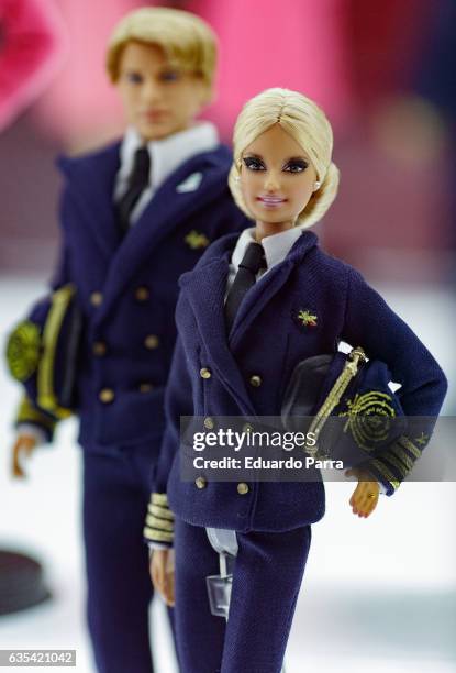 Plane commander barbie doll is seen on display at the exhibition 'Barbie, mas alla de la muñeca' at Fundacion Canal on February 15, 2017 in Madrid,...