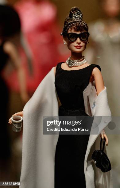 An Audrey Hepburn barbie doll is seen on display at the exhibition 'Barbie, mas alla de la muñeca' at Fundacion Canal on February 15, 2017 in Madrid,...